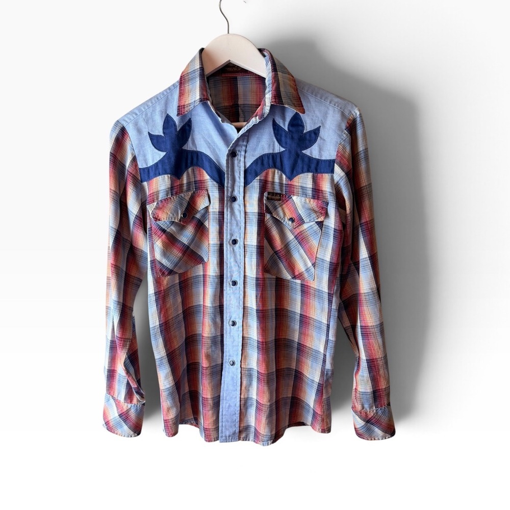 Vintage Wrangler Western Shirt Mens Small Plaid Pearl Snap Applique Made in USA